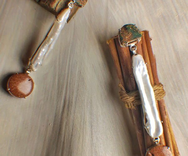 Terra: A handcrafted Earrings featuring Sandstone Pearl Turquoise and hues of Brown White Green.