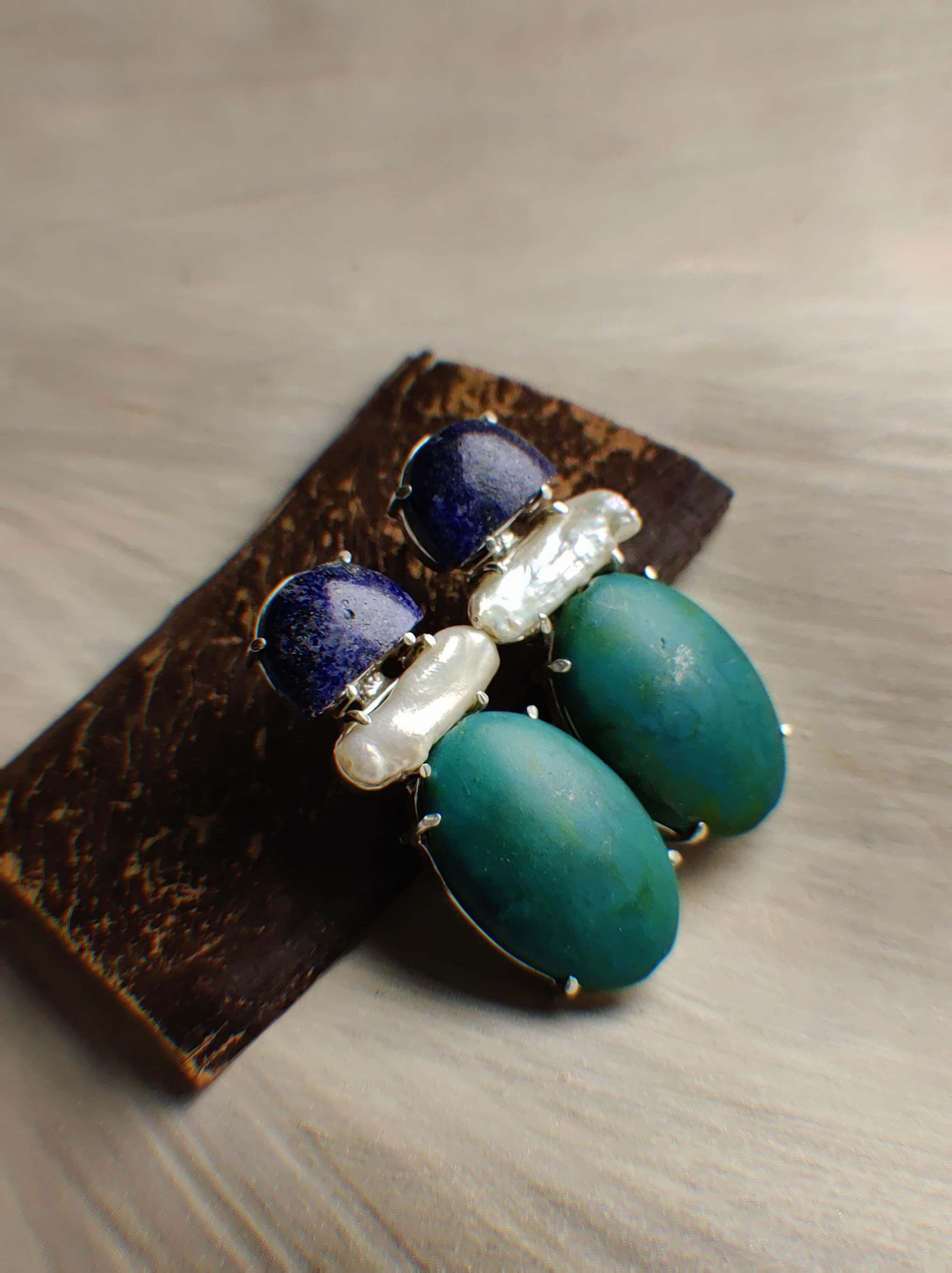Elle: A handcrafted Earrings featuring Lapis Lazuli Pearl Turquoise and hues of Blue White Green.