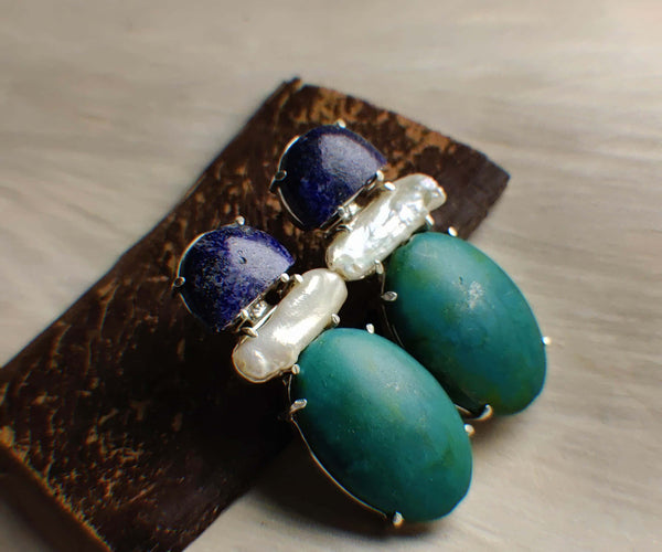 Elle: A handcrafted Earrings featuring Lapis Lazuli Pearl Turquoise and hues of Blue White Green.