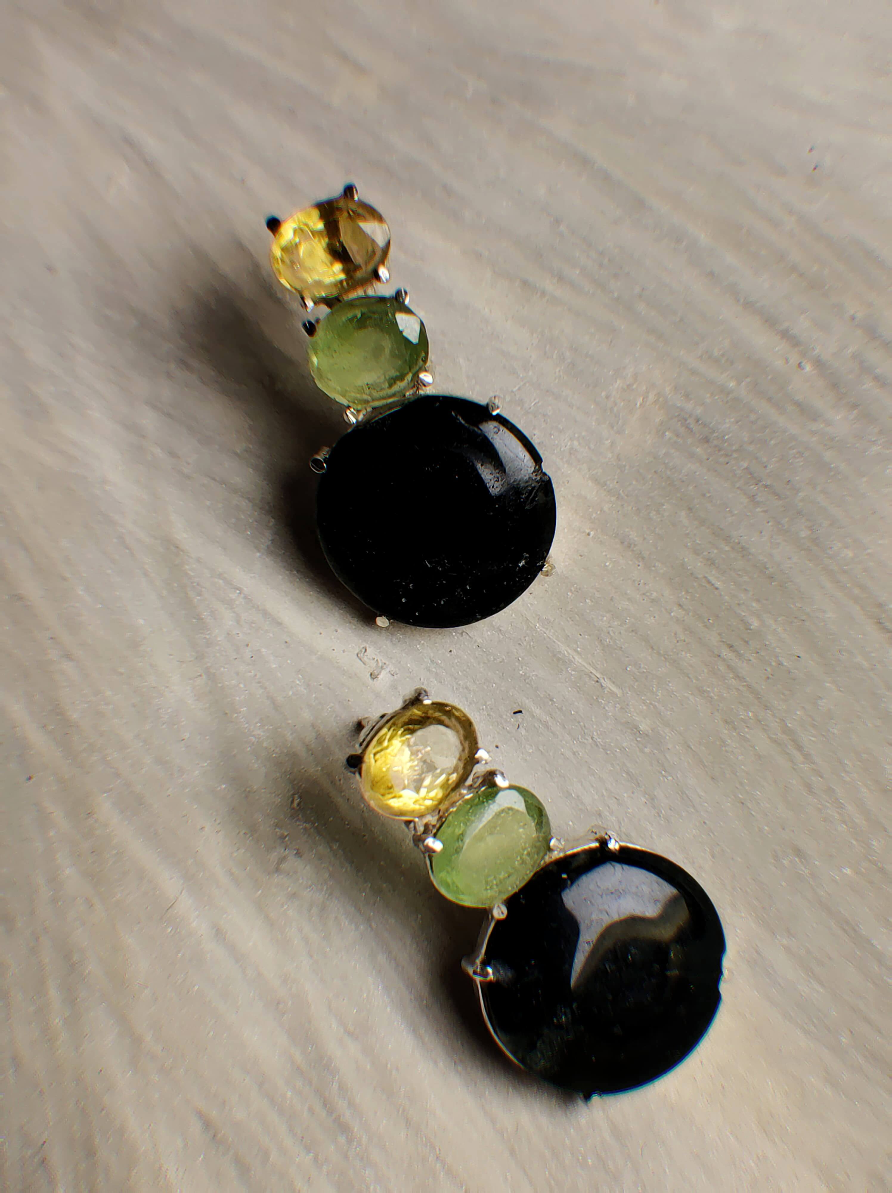Willow: A handcrafted Earrings featuring Citrine Peridot Onyx and hues of Yellow Green Black.