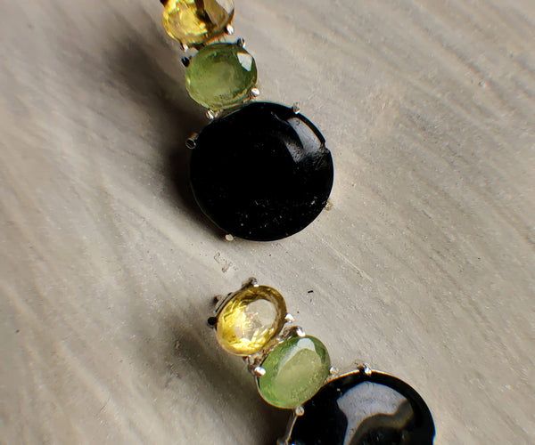Willow: A handcrafted Earrings featuring Citrine Peridot Onyx and hues of Yellow Green Black.