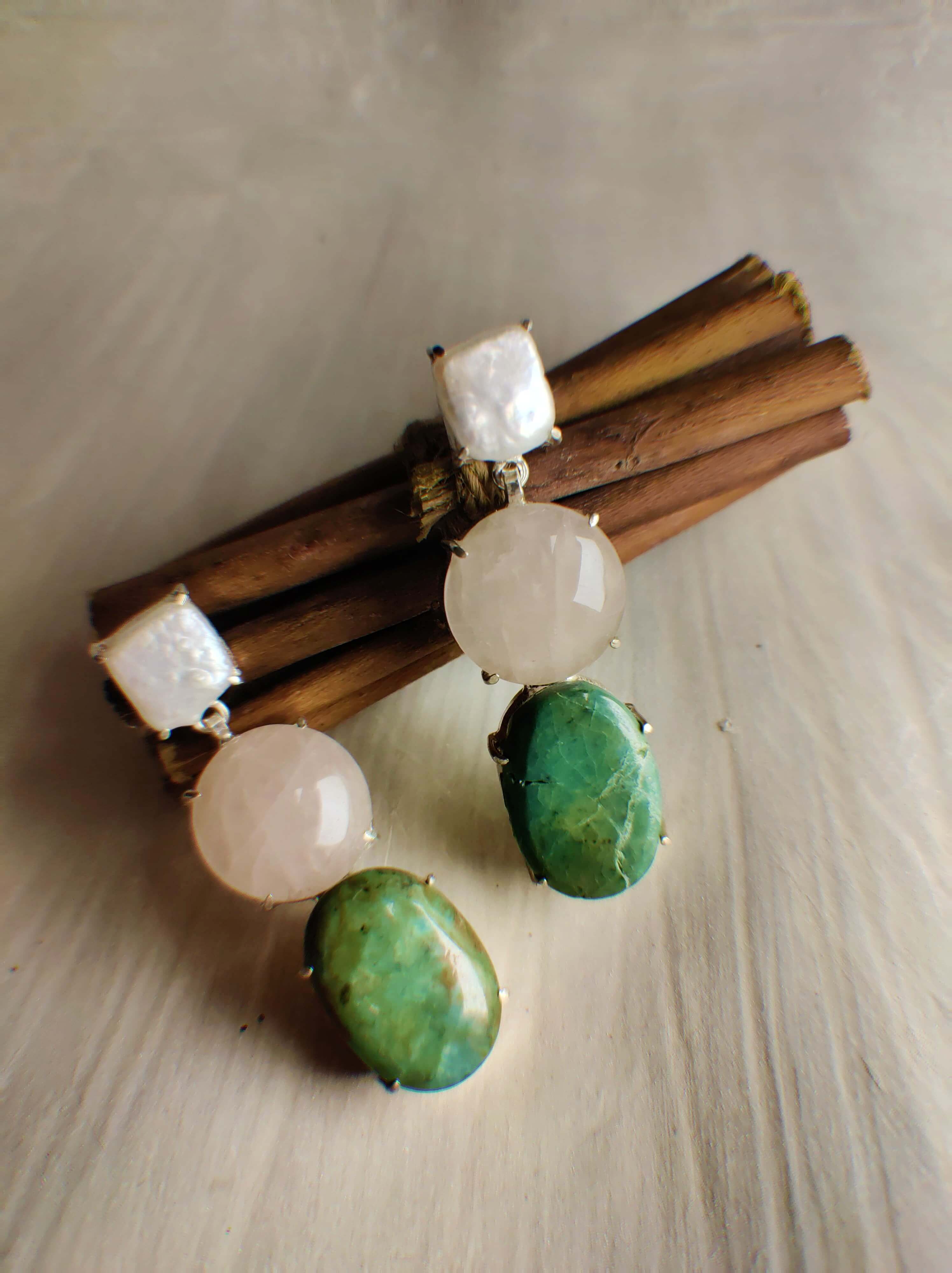 Lily: A handcrafted Earrings featuring Pearl Quartz Turquoise and hues of Green Pink White.