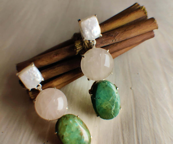 Lily: A handcrafted Earrings featuring Pearl Quartz Turquoise and hues of Green Pink White.