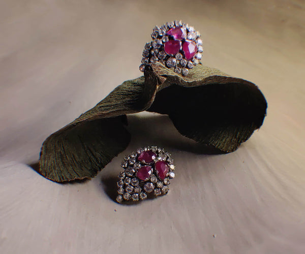 Ayla earrings featuring Ruby, Zirconia, in Pink, White tones by Repeat.pk.