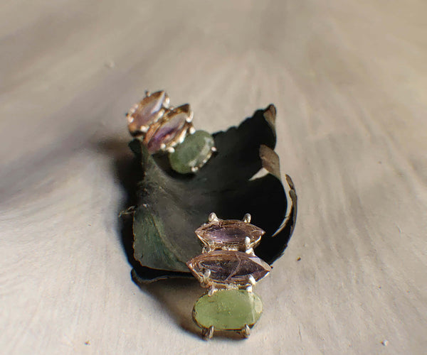 Sona: A handcrafted Earrings featuring Peridot Amethyst and hues of Green Purple.