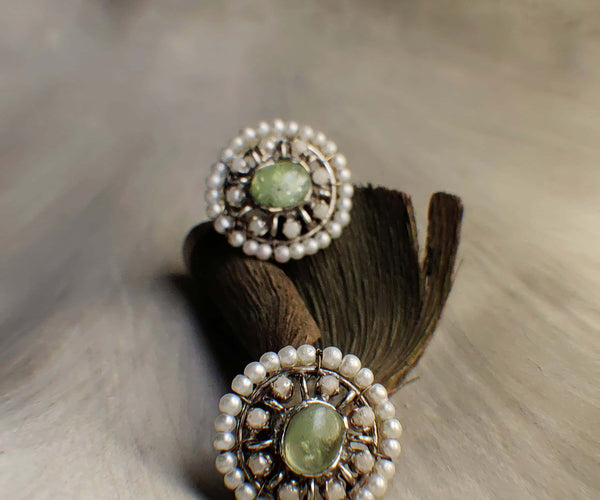 Fern: A handcrafted Earrings featuring Pearl Peridot and hues of White Green.