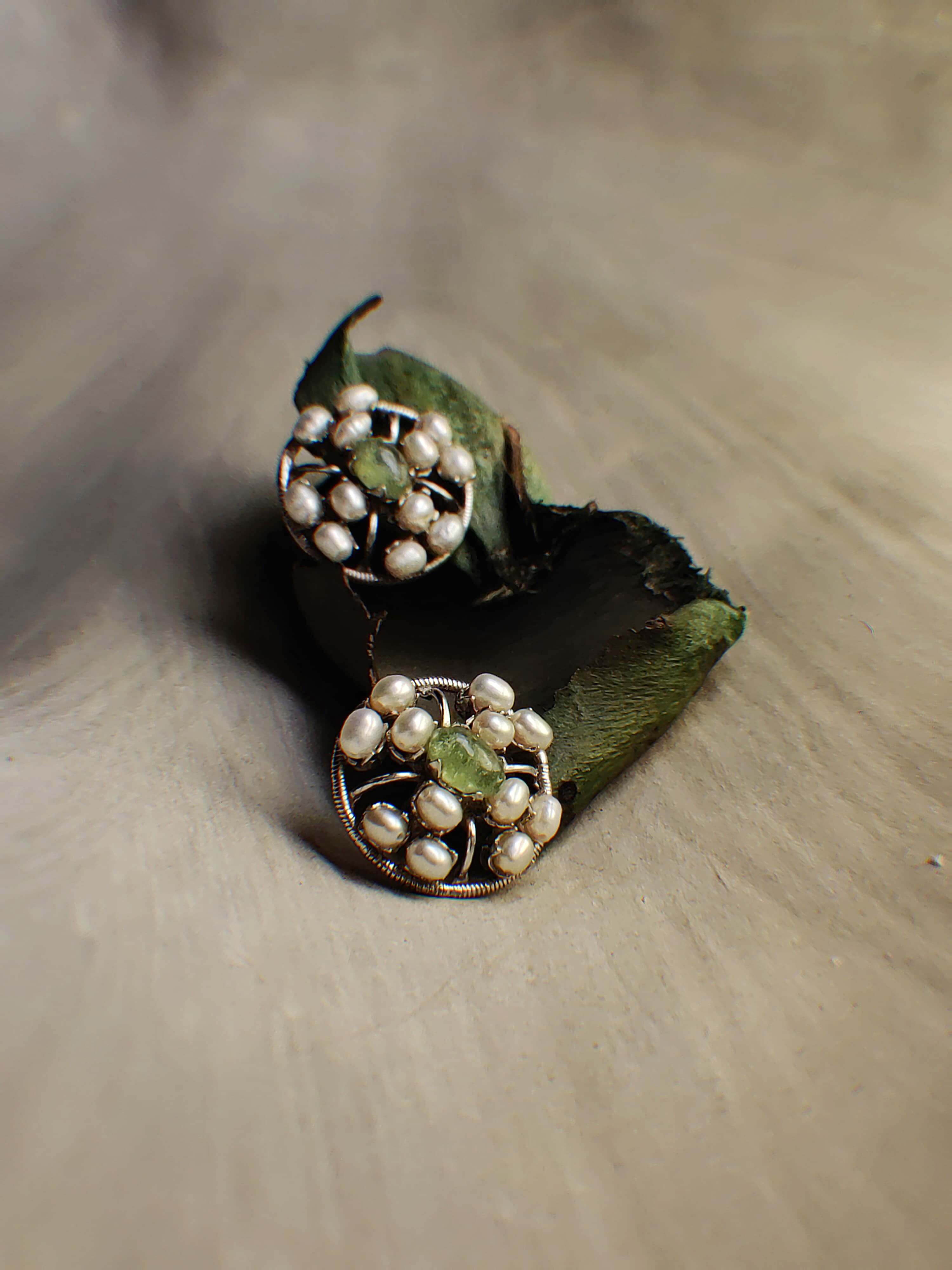 Apple earrings featuring Pearl, Peridot, in White, Green tones by Repeat.pk.