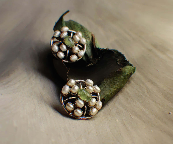 Apple earrings featuring Pearl, Peridot, in White, Green tones by Repeat.pk.