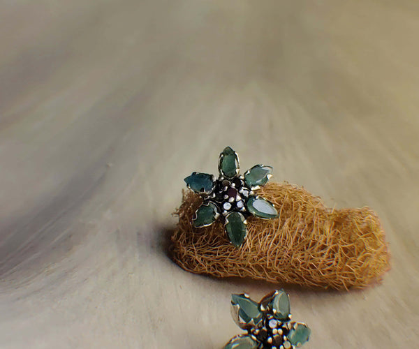 Pine: A handcrafted Earrings featuring Emerald  Zirconia and hues of Green Black.