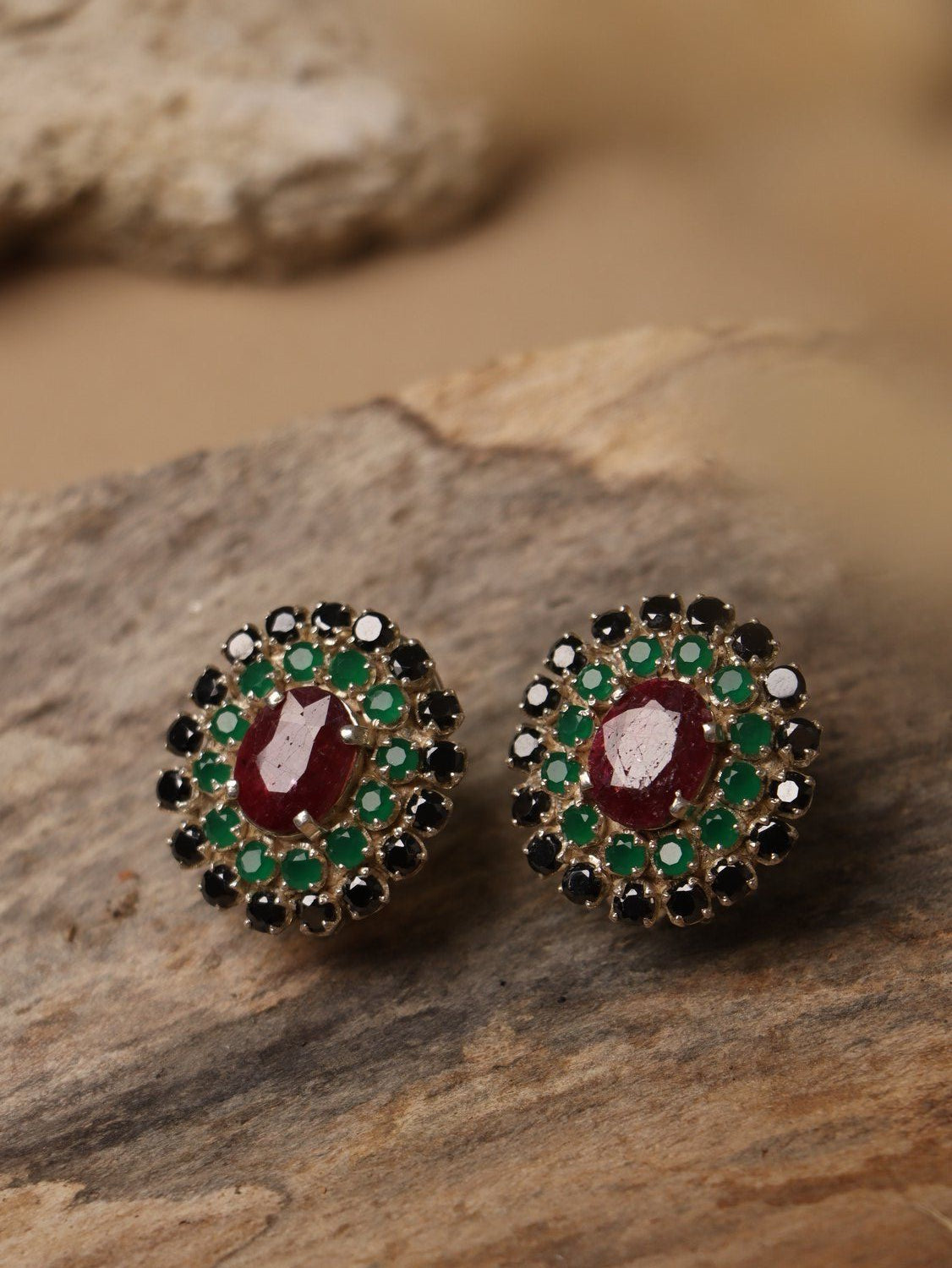 Ruby Moss earrings, with Sapphire, emerald and ruby stones in green and blue and red, 0.9-inch