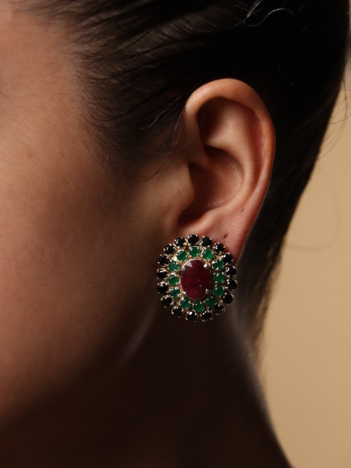 Ruby Moss earrings, with Sapphire, emerald and ruby stones in green and blue and red, 0.9-inch