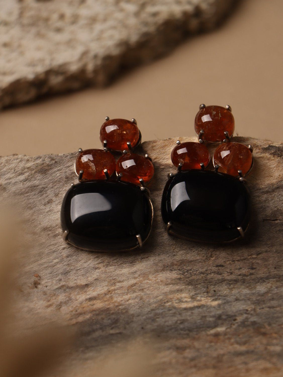 Amber earrings, with Black Onyx and Agate stones in black and orange, 1.3-inch