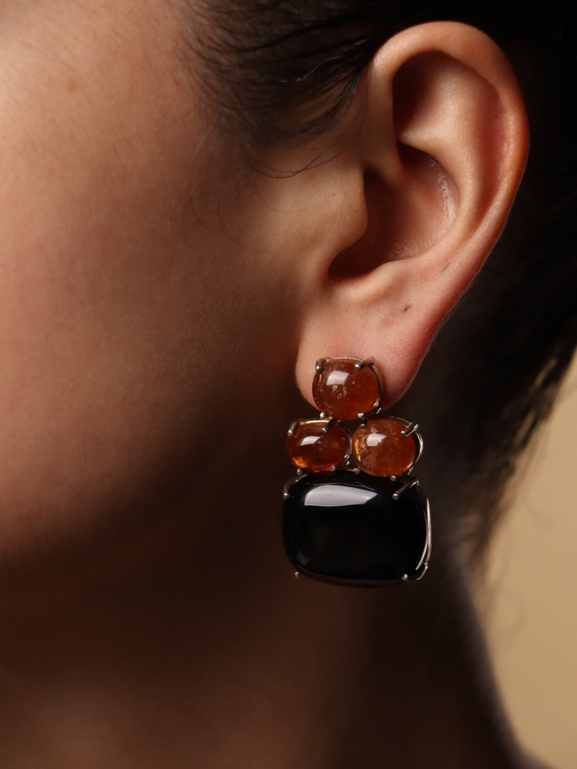 Amber earrings, with Black Onyx and Agate stones in black and orange, 1.3-inch