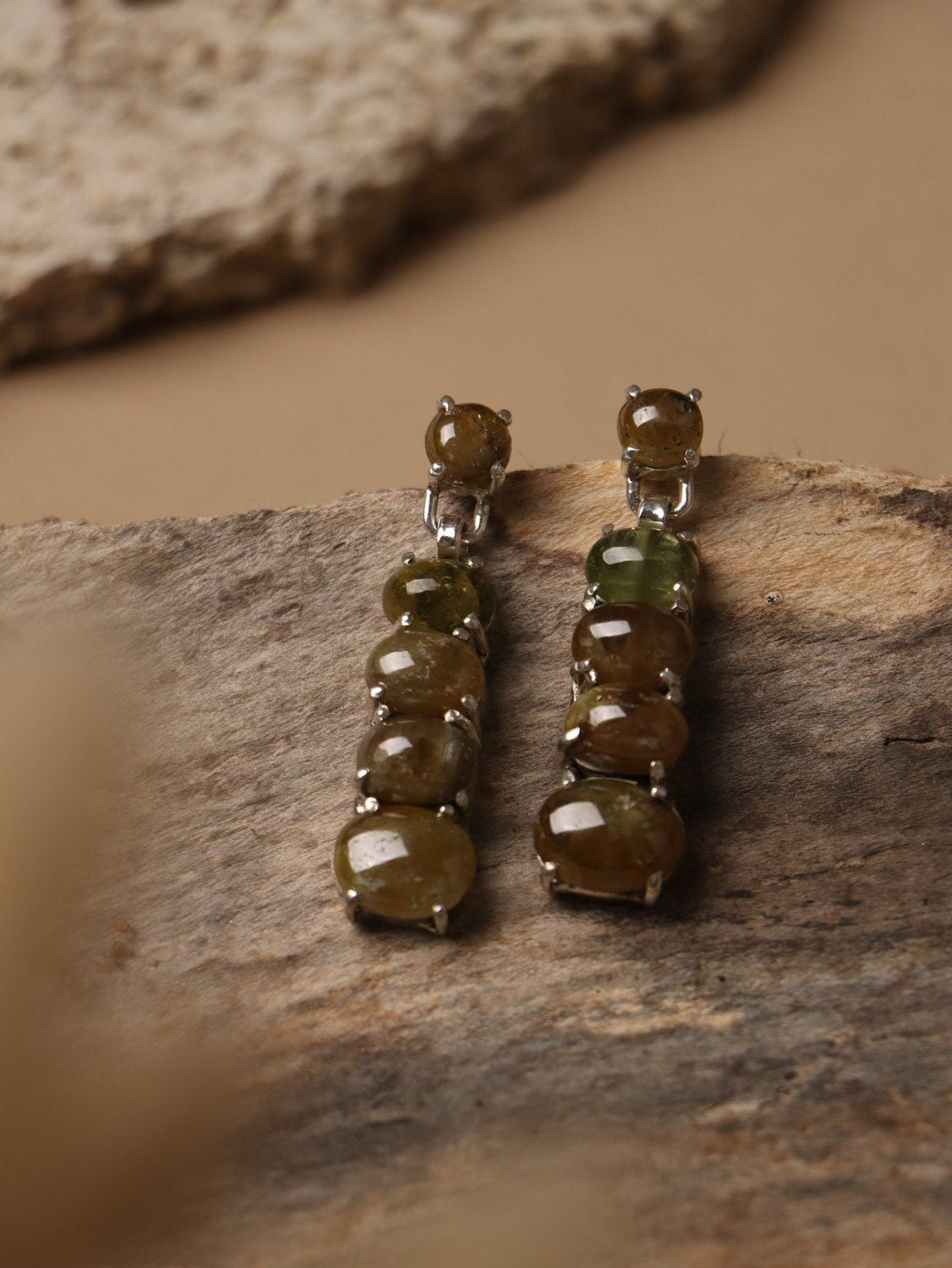 Olive Dust earrings, with Gomedic stones in brown, 1.5-inch