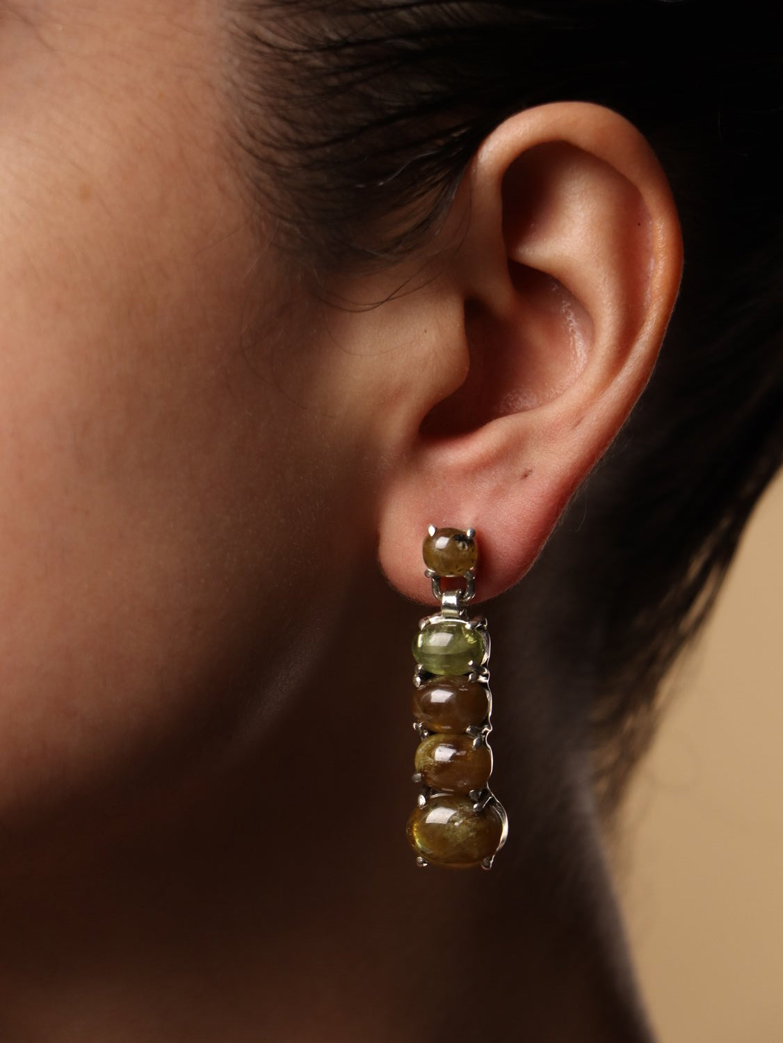 Olive Dust earrings, with Gomedic stones in brown, 1.5-inch