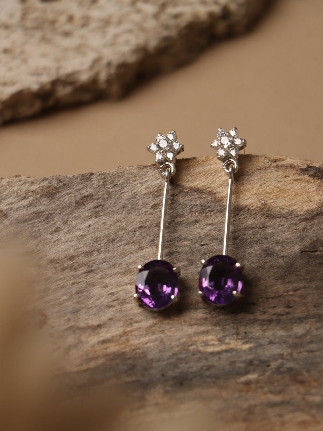 Star & Voilet earrings, with Zircon and Amethust stones in purple and white, 1.6-inch