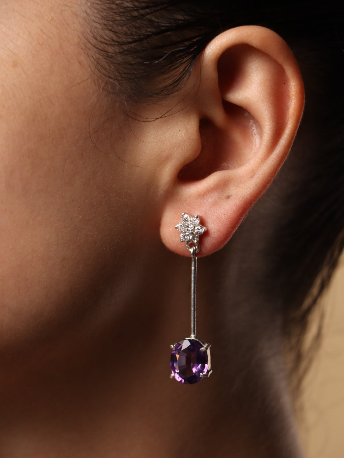 Star & Voilet earrings, with Zircon and Amethust stones in purple and white, 1.6-inch