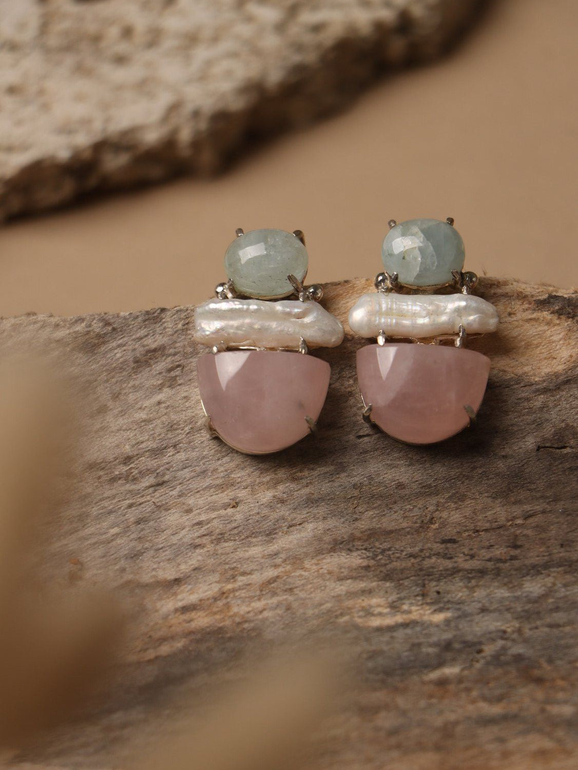 Blushhaze earrings, with Aquamrine and pearl and rose quartz stones in white and blue and pink, 1-inch