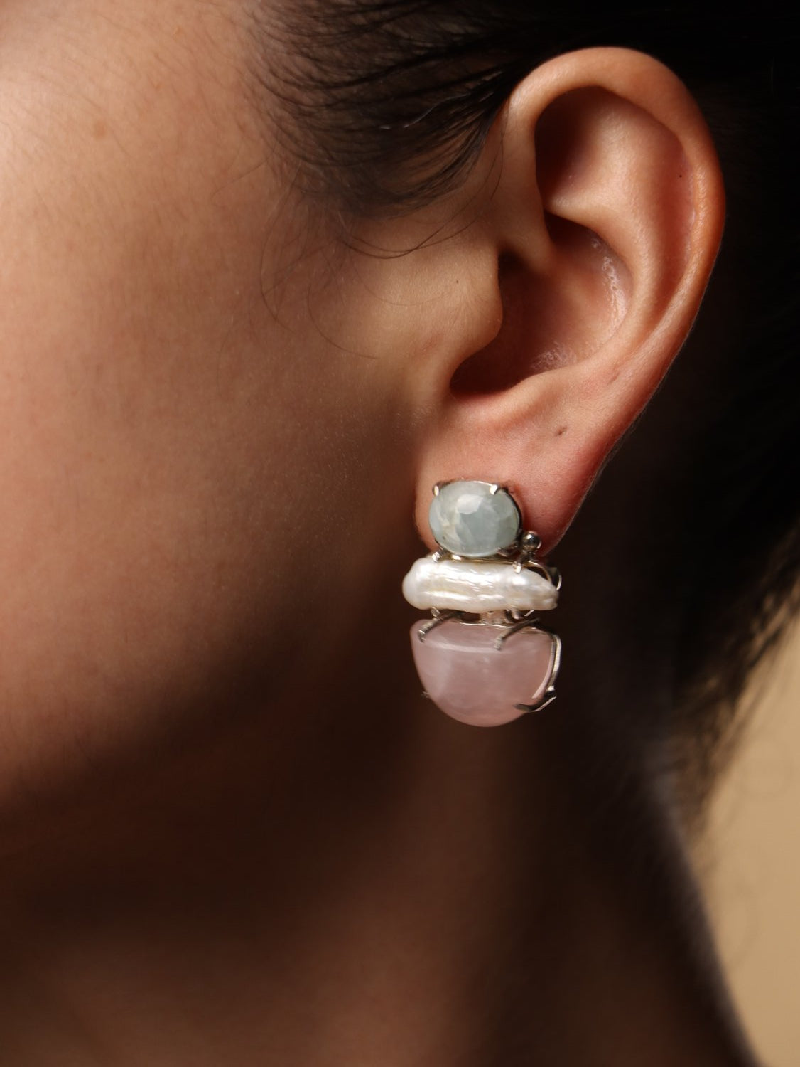 Blushhaze earrings, with Aquamrine and pearl and rose quartz stones in white and blue and pink, 1-inch