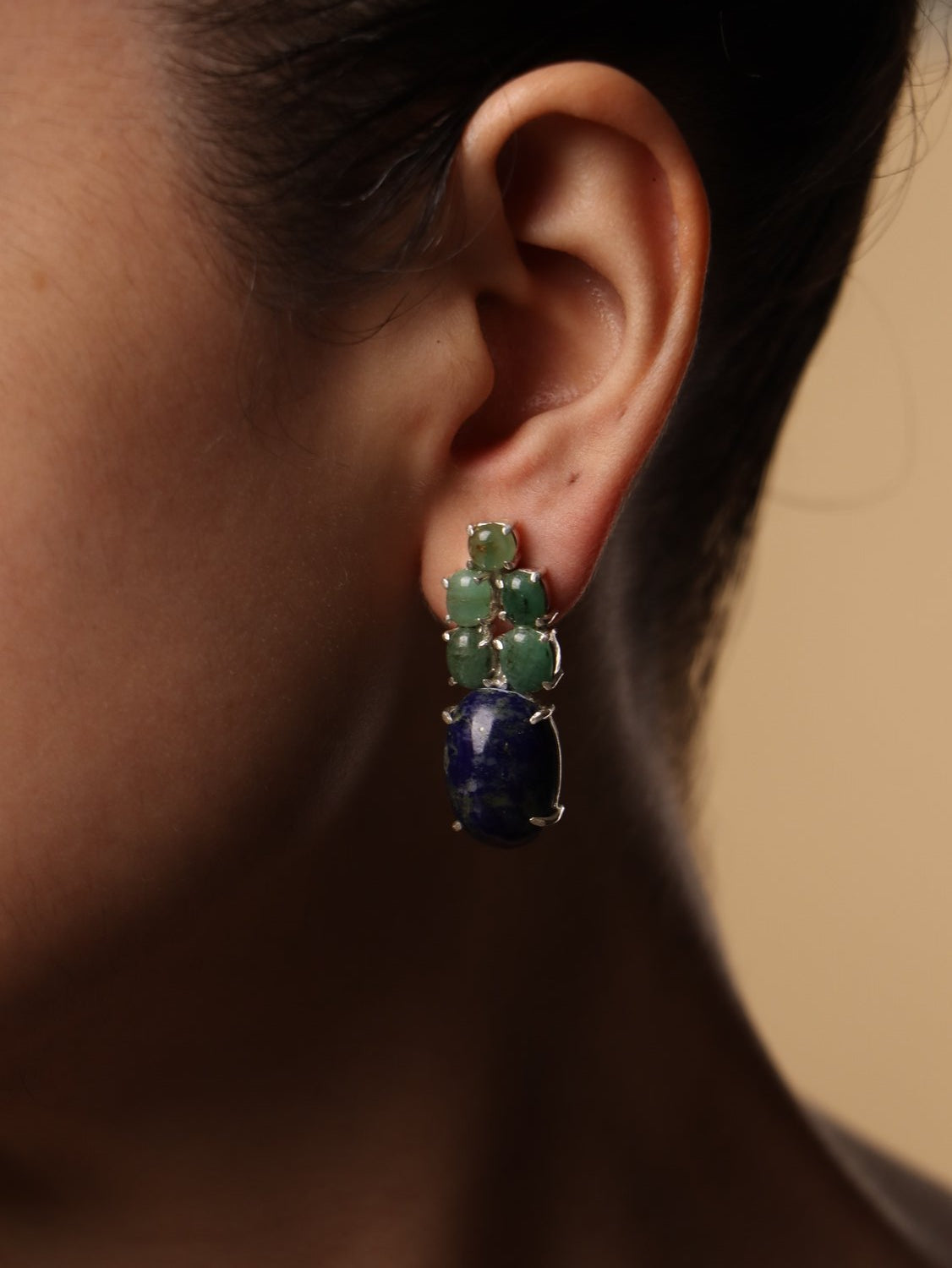 Ocean Depth earrings, with Emerald and Lapis Lazuli stones in green and blue, 1.2-inch