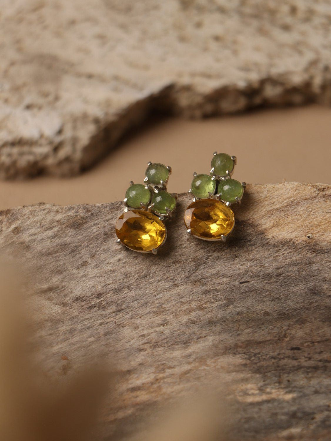 Limefire earrings, with Peridot and Citrine stones in green and yellow, 0.6-inch