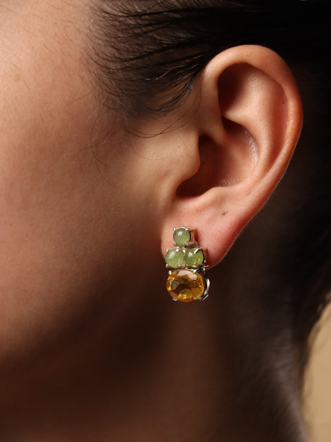 Limefire earrings, with Peridot and Citrine stones in green and yellow, 0.6-inch