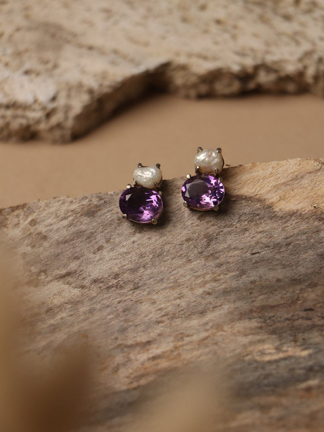 Twilight Dust earrings, with Pearl and Amethyst stones in white and purple, 0.4-inch