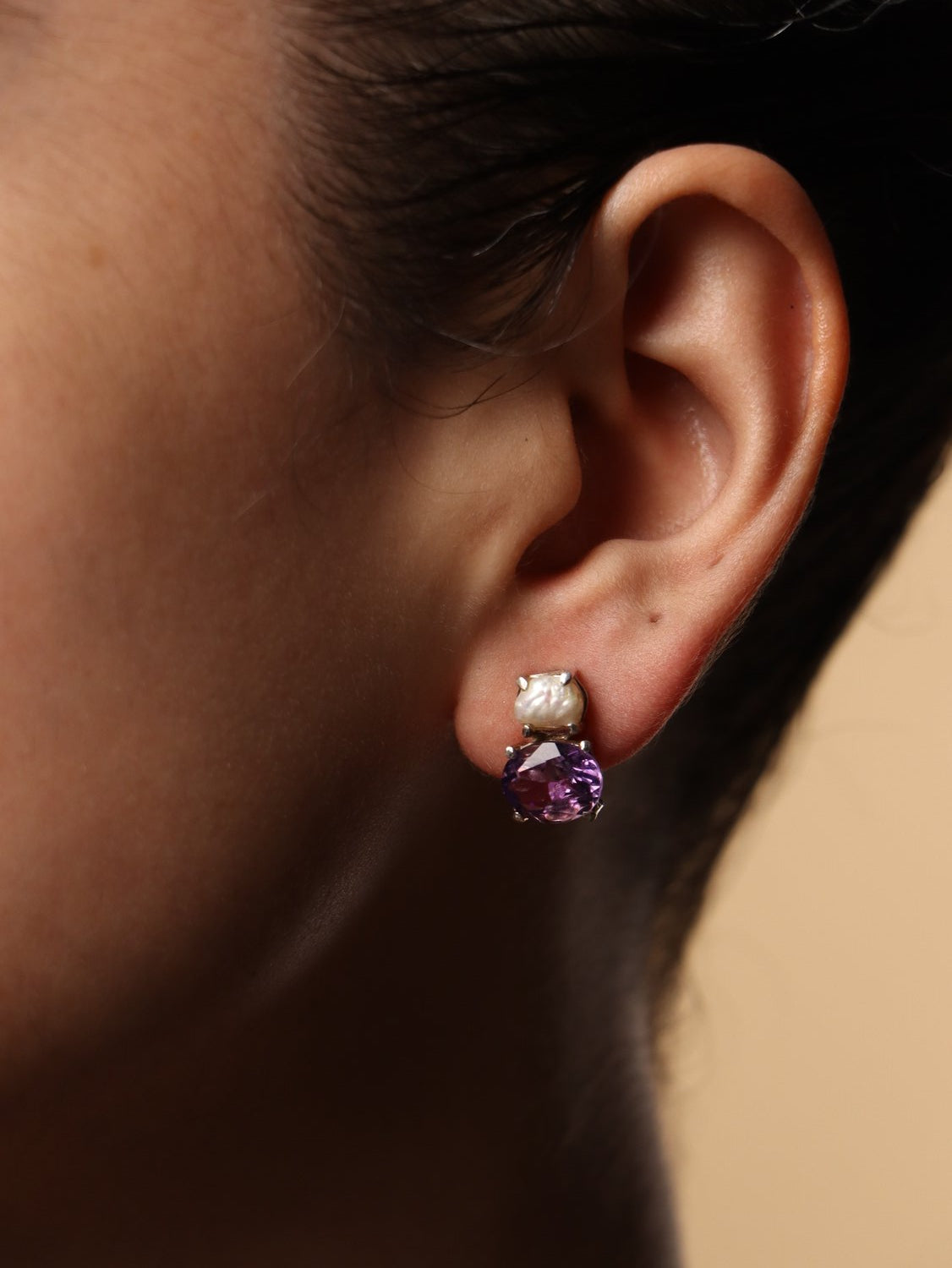 Twilight Dust earrings, with Pearl and Amethyst stones in white and purple, 0.4-inch