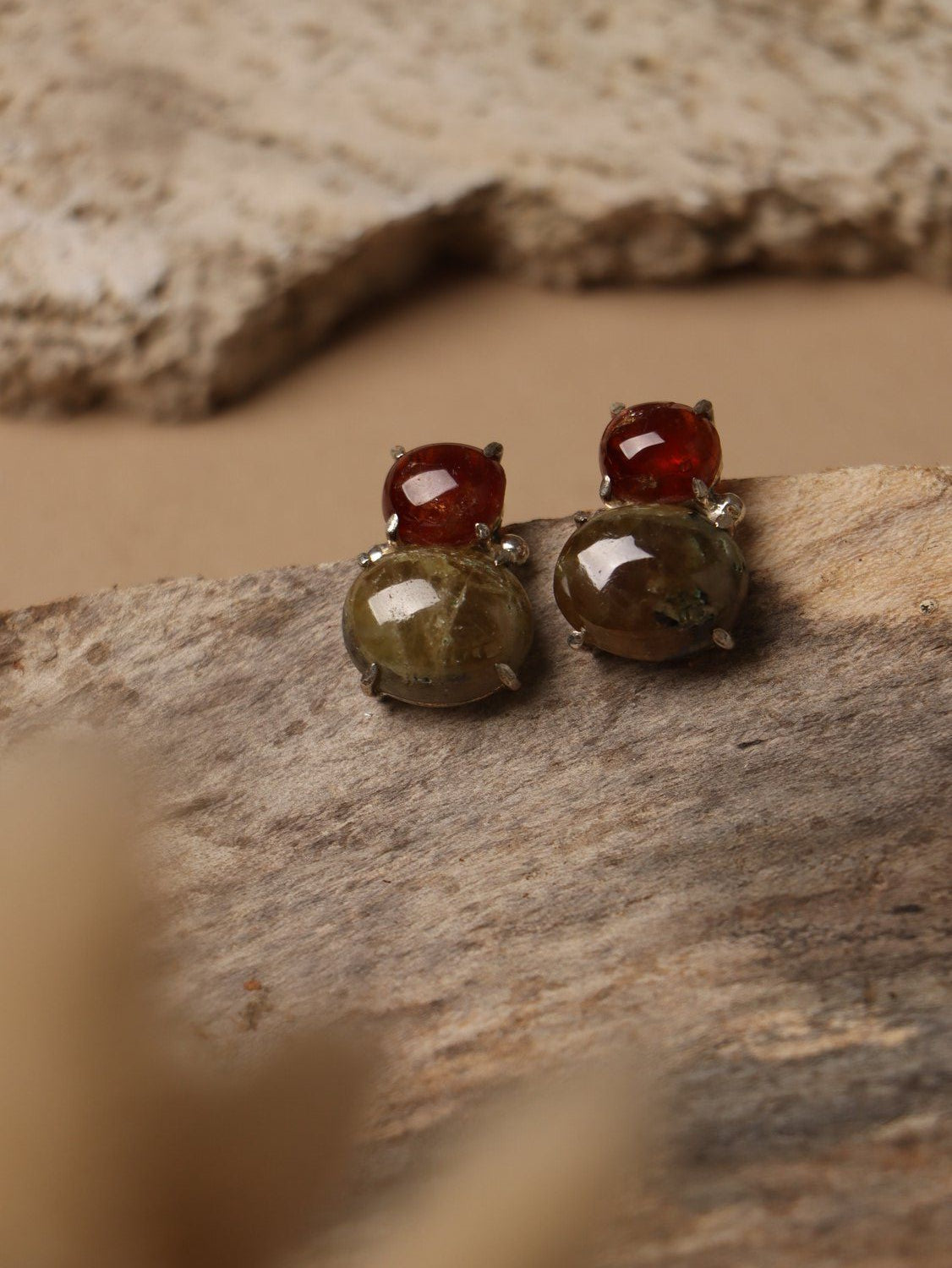 Rootspark earrings, with Agate and Gomedic stones in brown, 0.7-inch