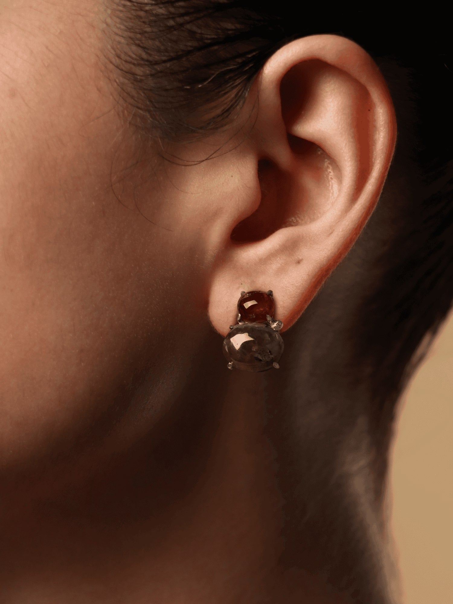 Rootspark earrings, with Agate and Gomedic stones in brown, 0.7-inch