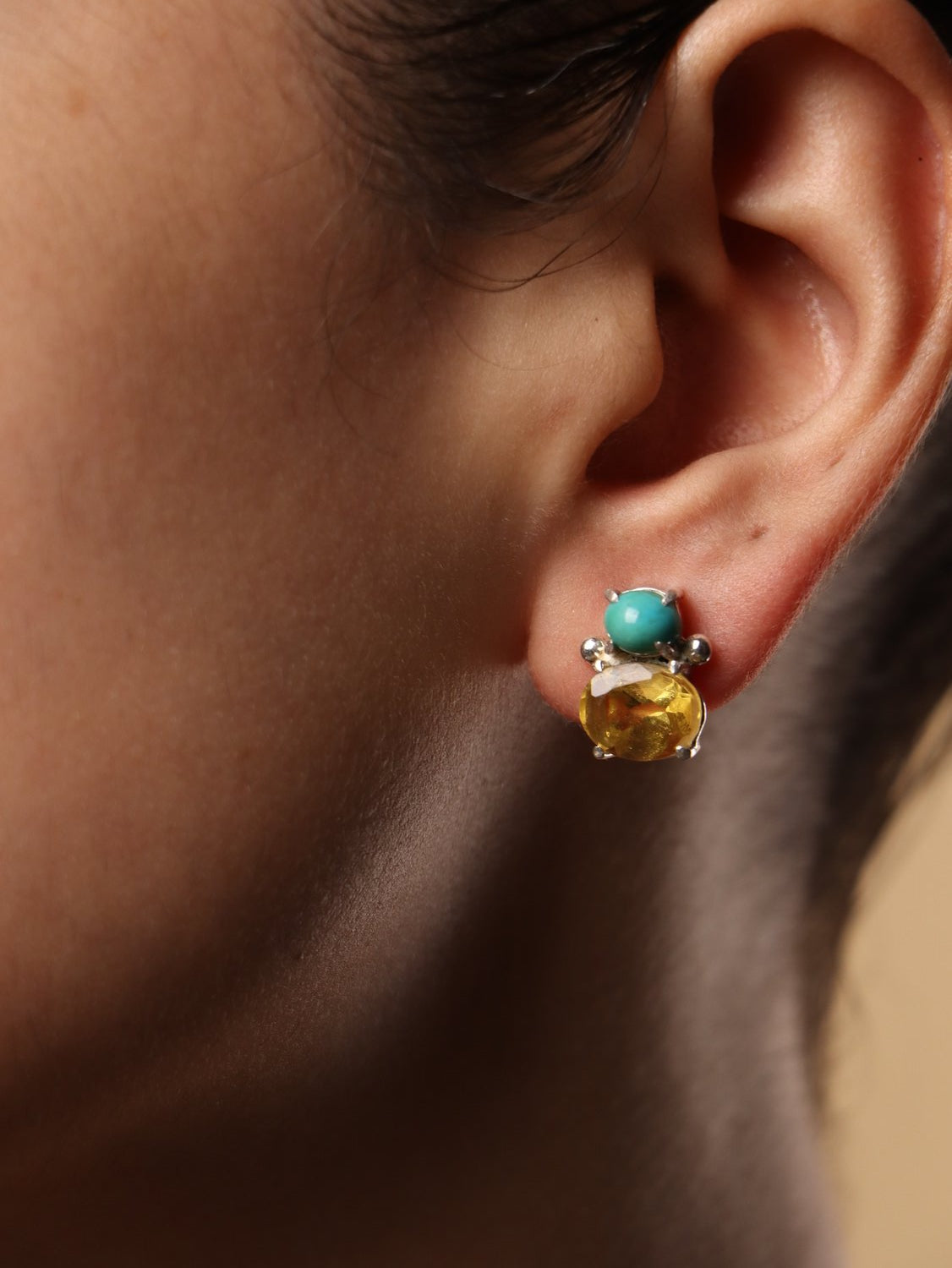 Sunhive earrings, with Turquoise and yellow topaz stones in blue and yellow, 0.4-inch
