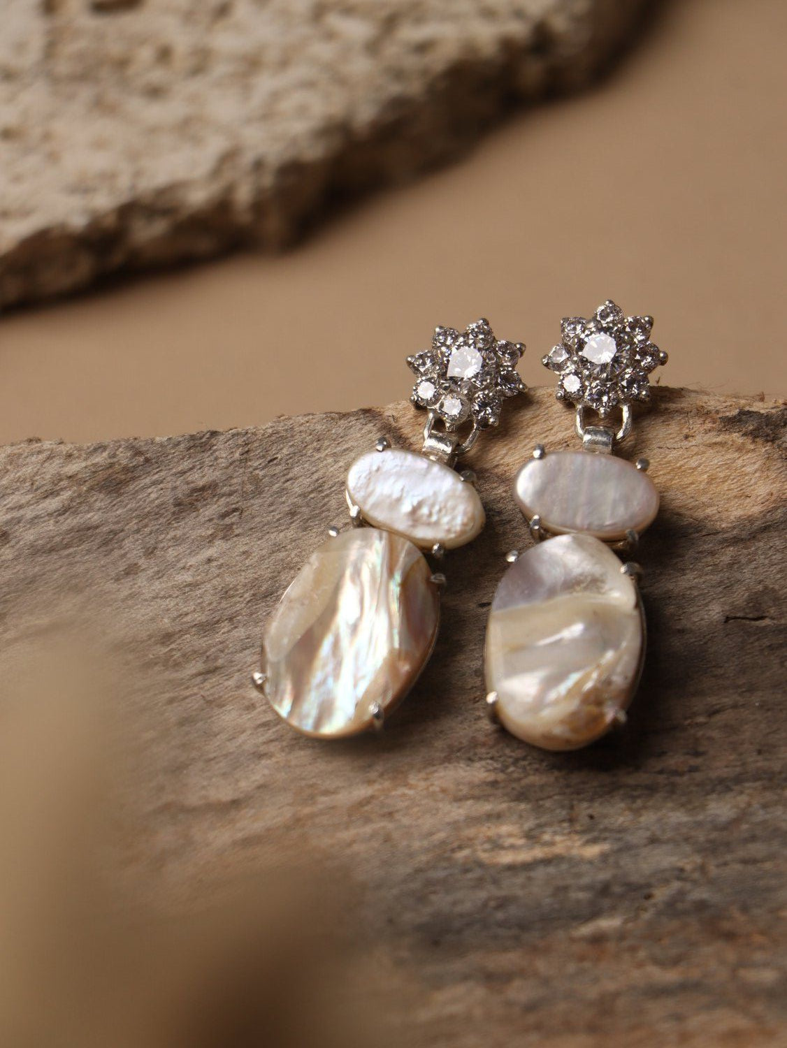 Whiteshell earrings, with Zircon and Pearl and Mother pearl stones in white, 1.7-inch