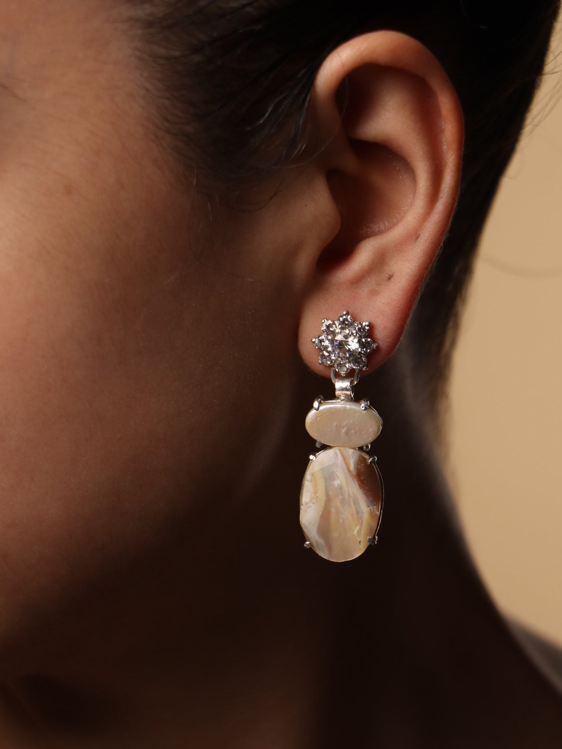 Whiteshell earrings, with Zircon and Pearl and Mother pearl stones in white, 1.7-inch