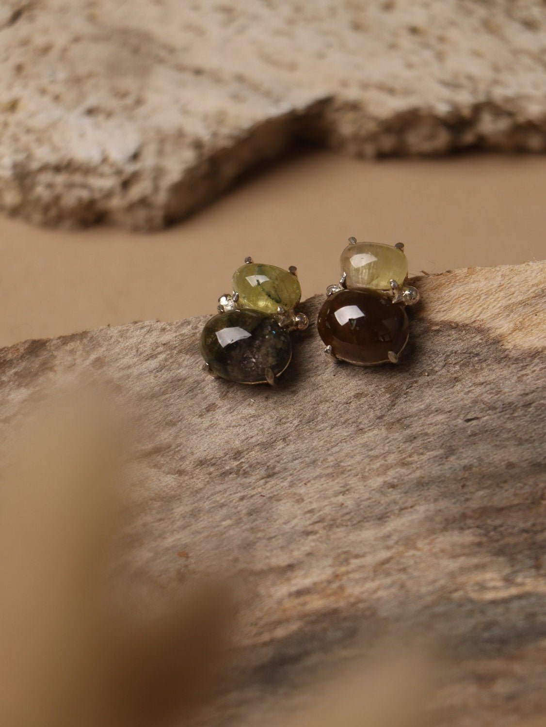 Ashgem earrings, with Gomedic and Tourmaline stones in brown and green, 0.5-inch