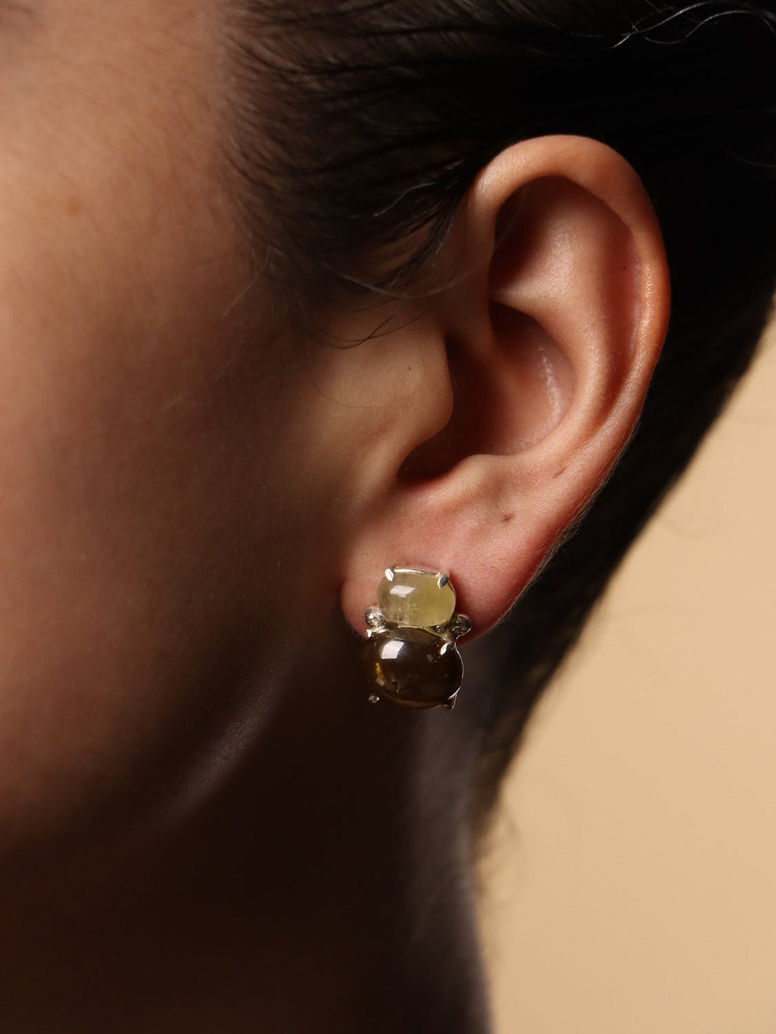 Ashgem earrings, with Gomedic and Tourmaline stones in brown and green, 0.5-inch