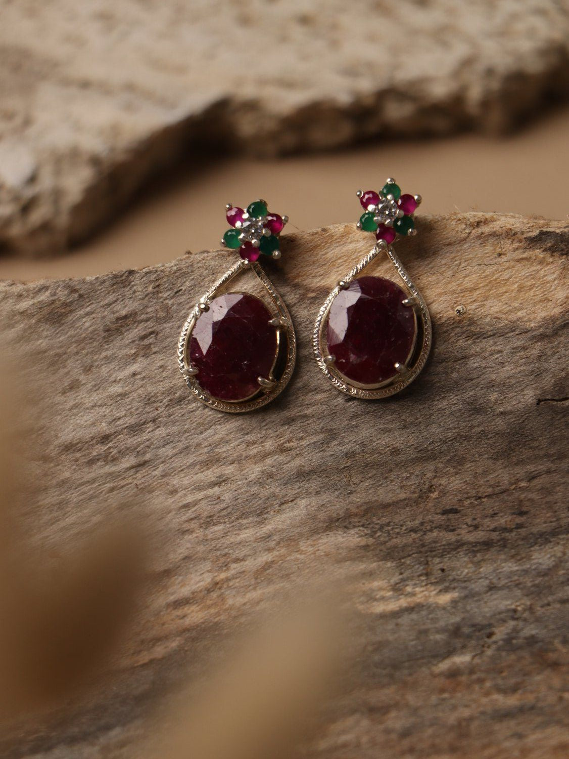 Ruby Bloom earrings, with Ruby stones in red, 1-inch