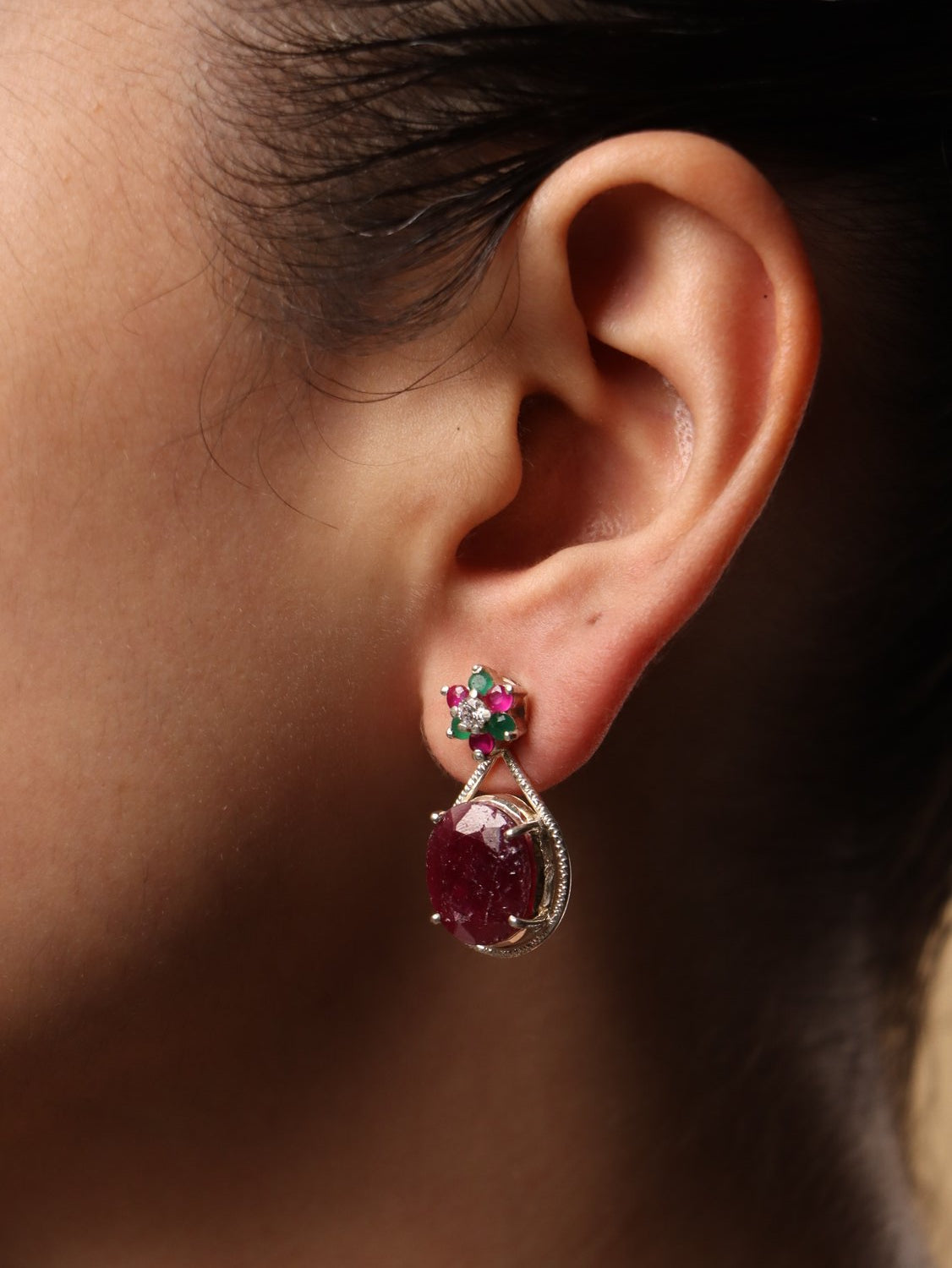 Ruby Bloom earrings, with Ruby stones in red, 1-inch
