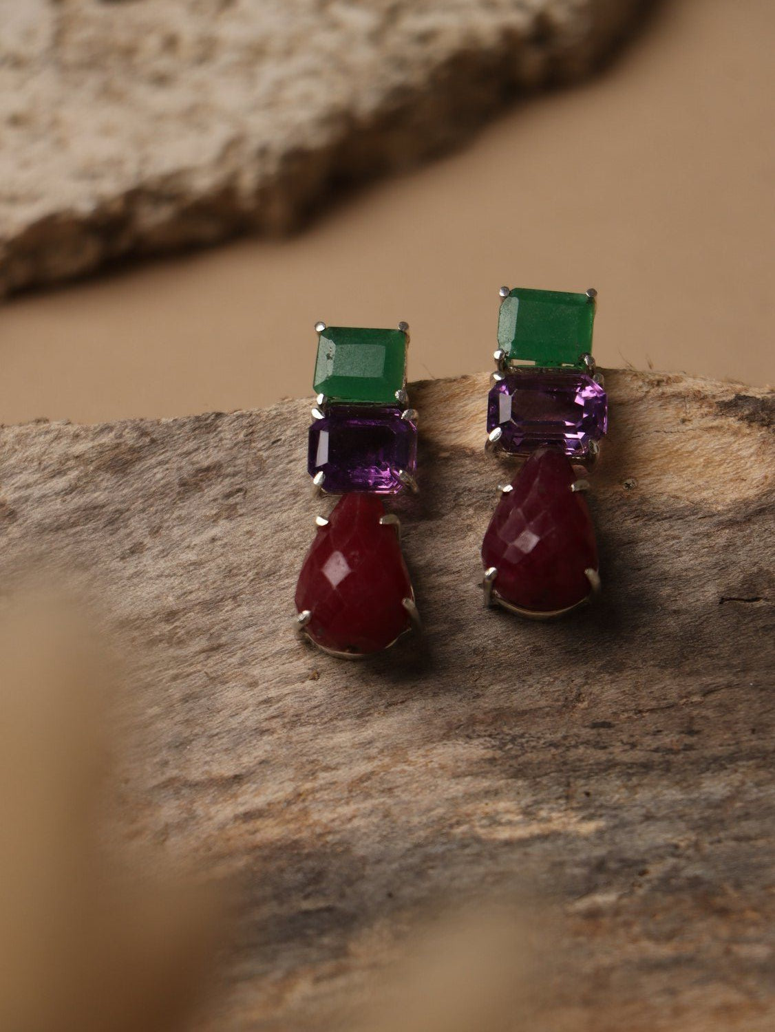 Rubyroot earrings, with Jade and Amethsyt and ruby stones in purple and red and green, 1.2-inch