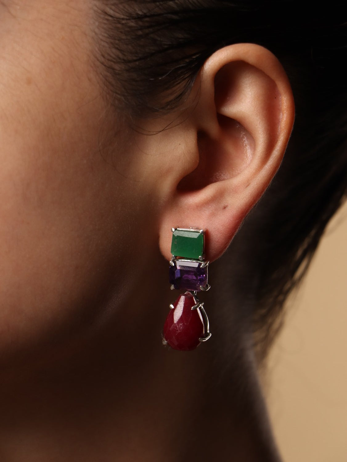 Rubyroot earrings, with Jade and Amethsyt and ruby stones in purple and red and green, 1.2-inch