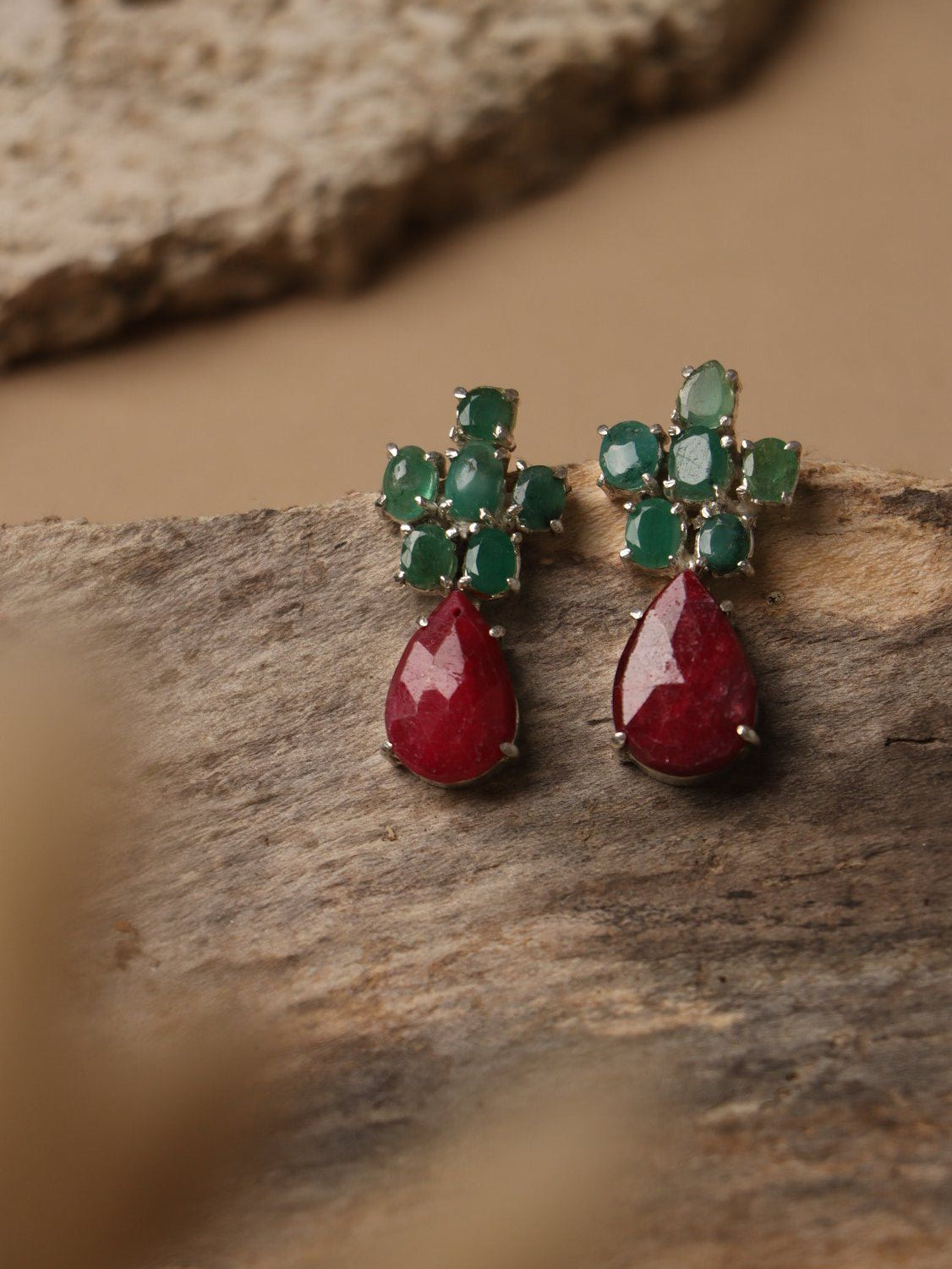 Dewberry earrings, with Emerald and Ruby stones in green and red, 1.2-inch