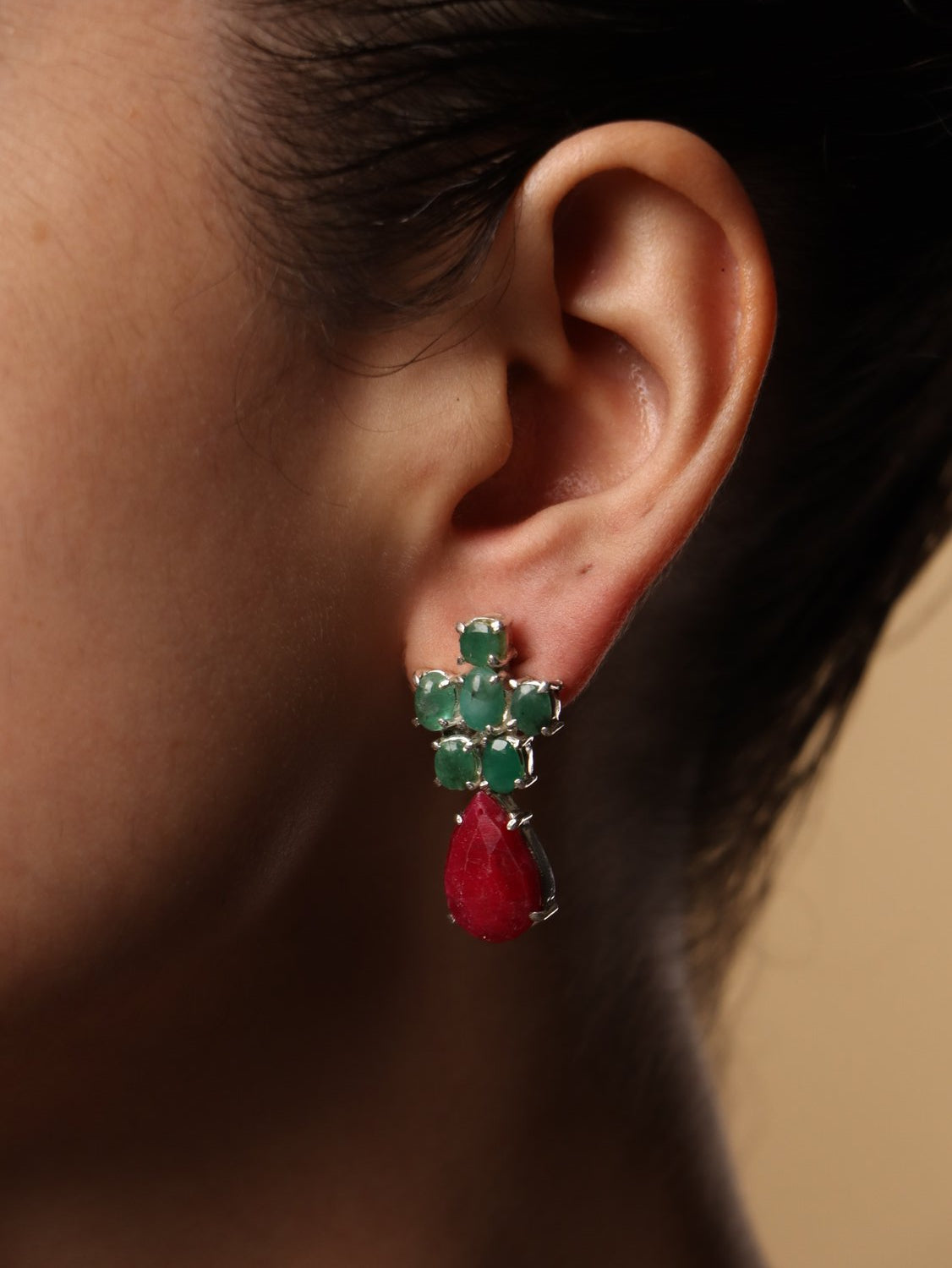 Dewberry earrings, with Emerald and Ruby stones in green and red, 1.2-inch