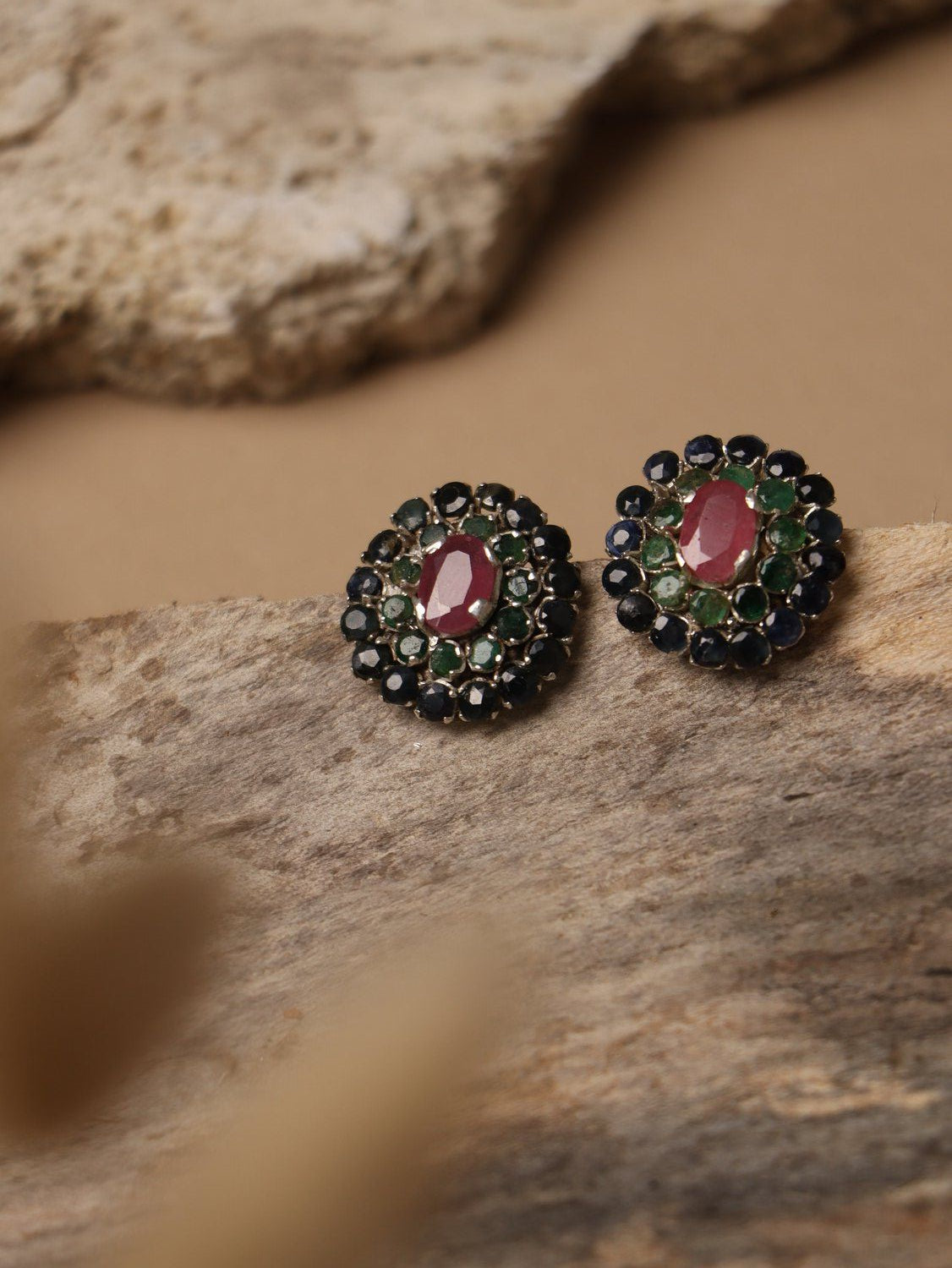Trinity earrings, with Sapphire and emerald and ruby stones in green and blue and red, 0.5-inch