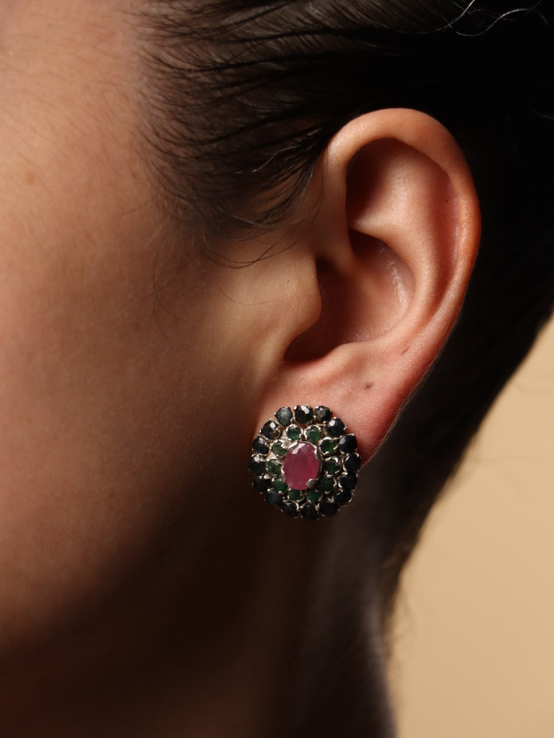 Trinity earrings, with Sapphire and emerald and ruby stones in green and blue and red, 0.5-inch