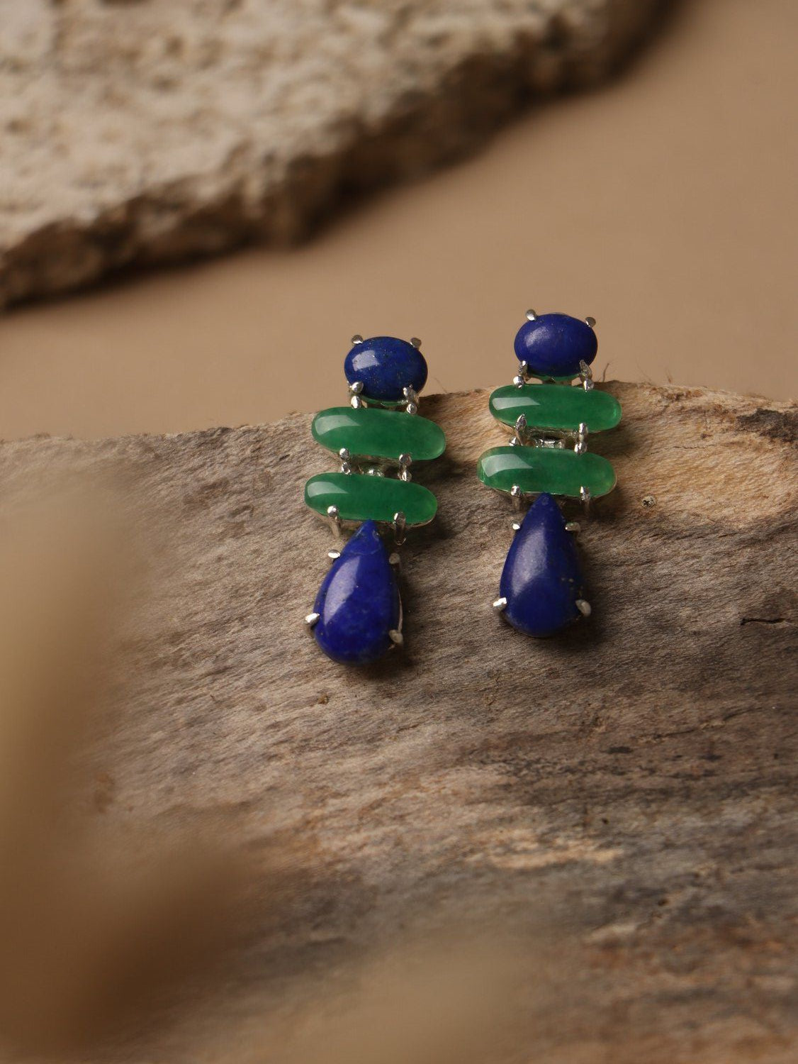 Azure earrings, with Lapis Lazuli and Jade stones in green, 1.2-inch