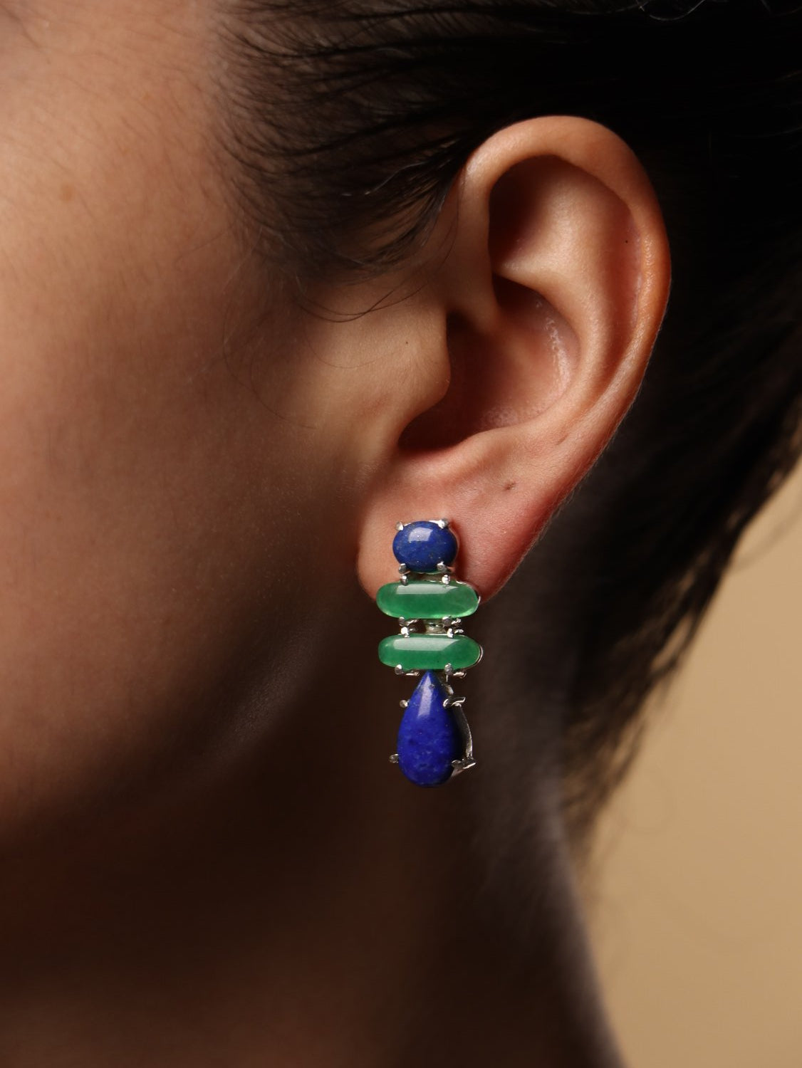 Azure earrings, with Lapis Lazuli and Jade stones in green, 1.2-inch