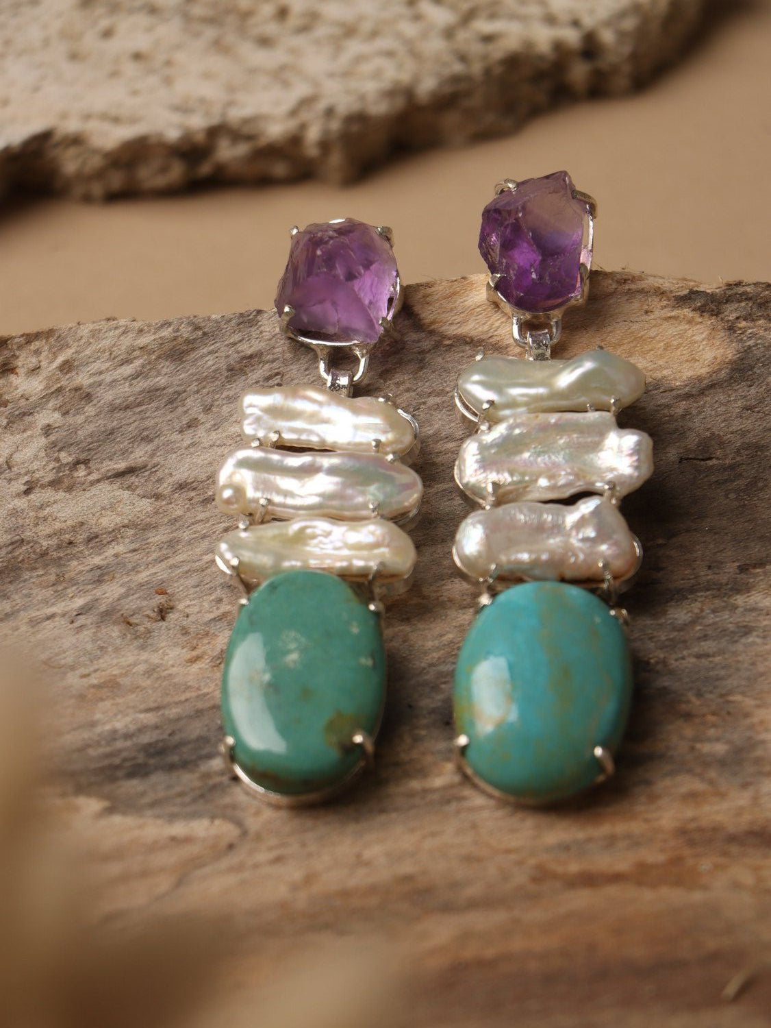 Lavadust earrings, with Amethyst and Turquoise stones in purple and blue, 2.9-inch