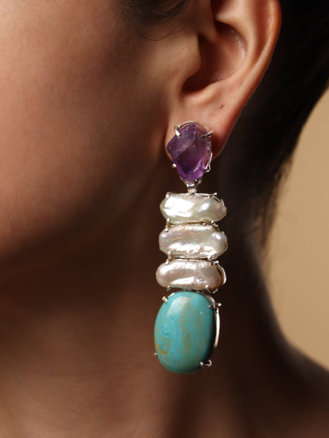 Lavadust earrings, with Amethyst and Turquoise stones in purple and blue, 2.9-inch
