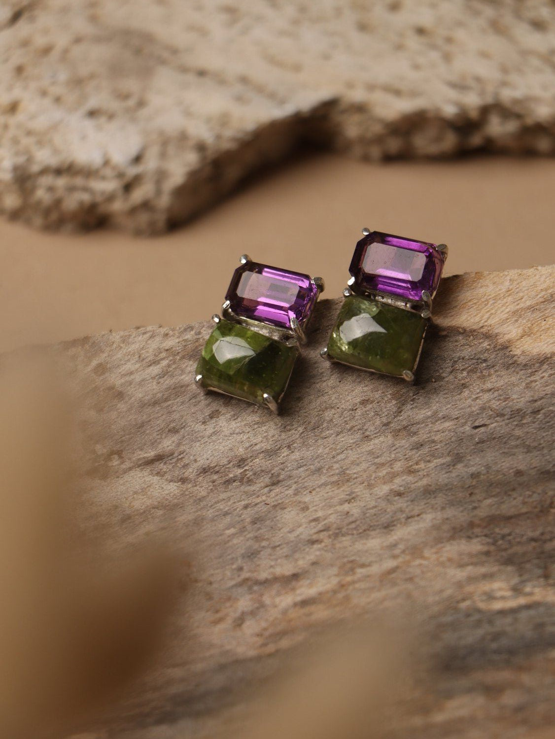 Wisteria earrings, with Amethyst and Peridot stones in purple and green, 0.6-inch