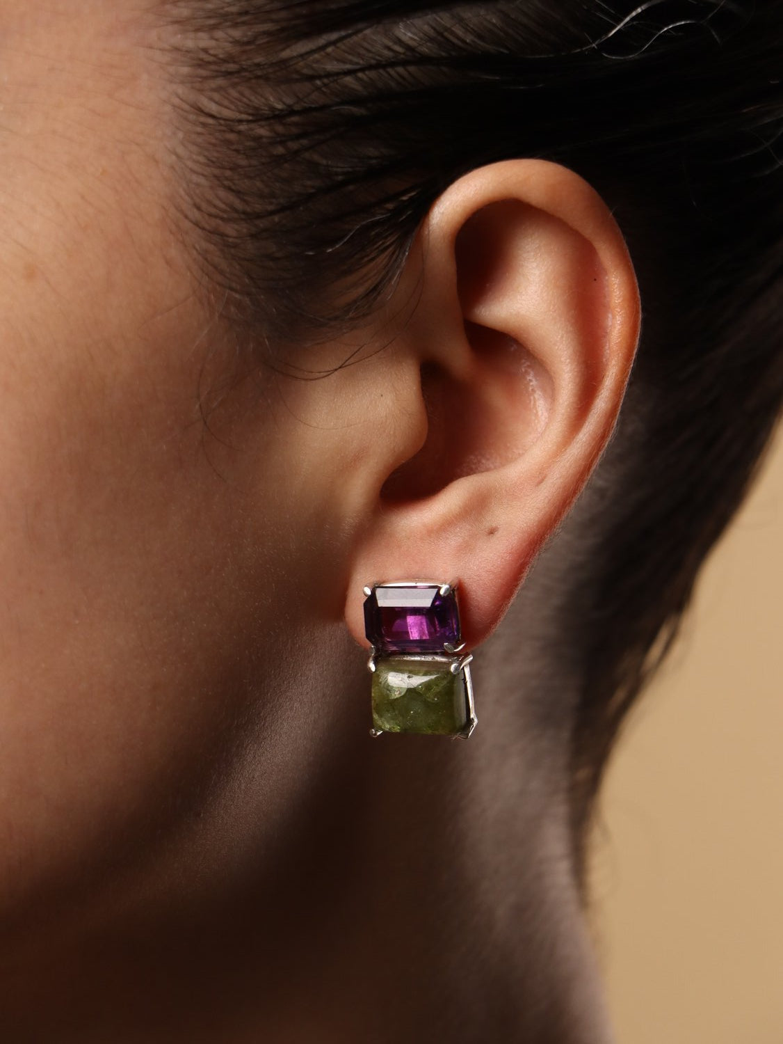 Wisteria earrings, with Amethyst and Peridot stones in purple and green, 0.6-inch