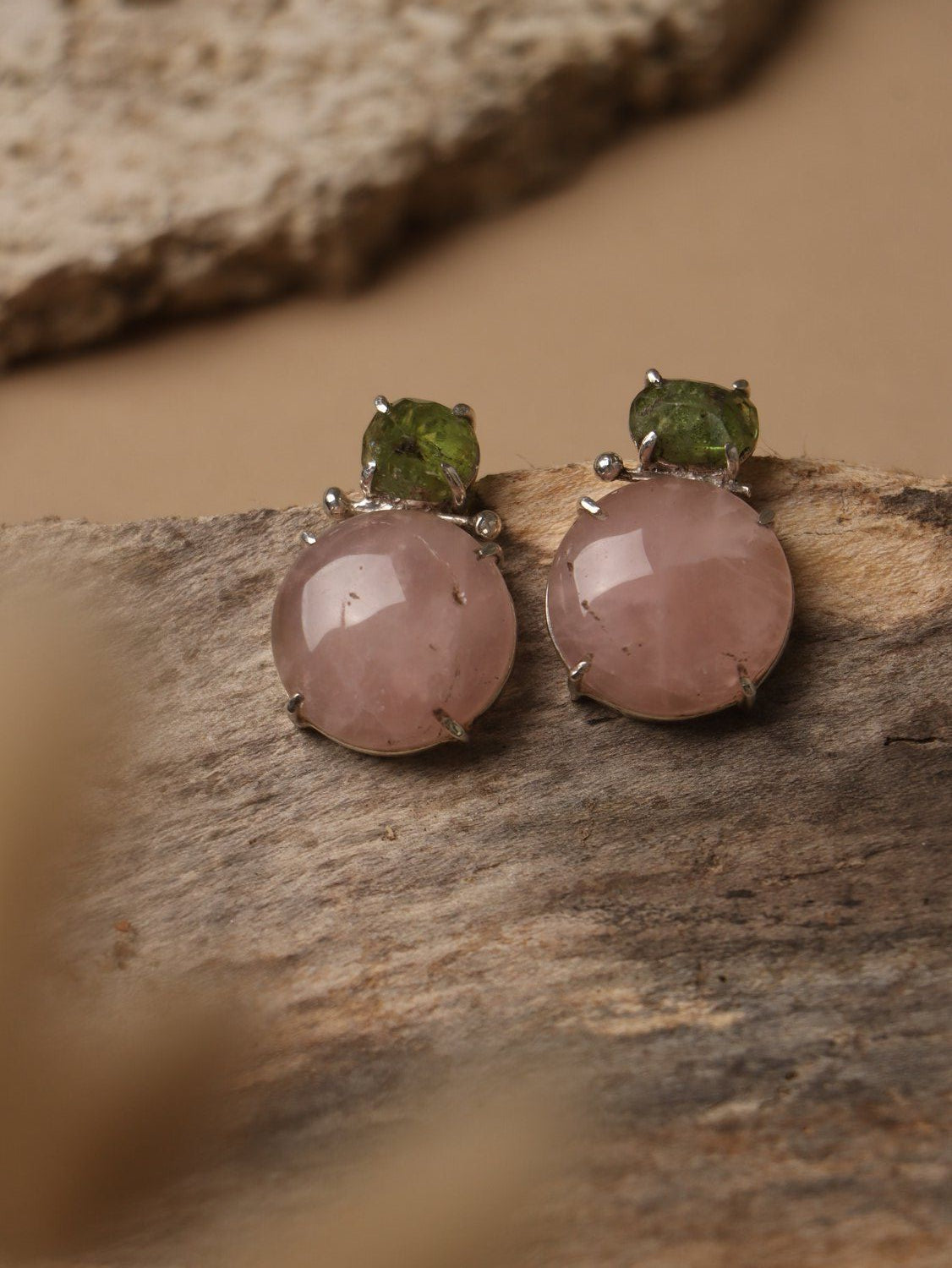 Roseveil earrings, with Peridot and rose quartz stones in green and pink, 1-inch